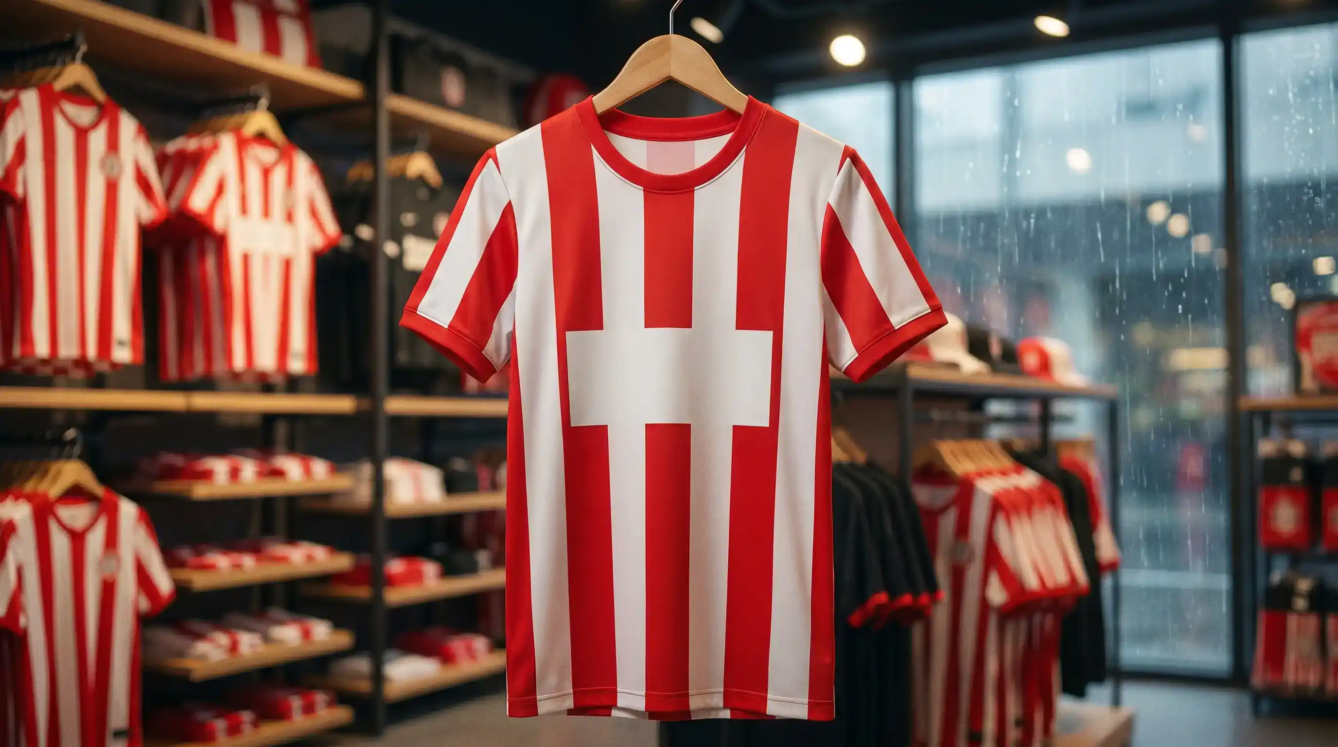 Premier League football shirt without a gambling front-of-shirt sponsor on a hanger in a club shop