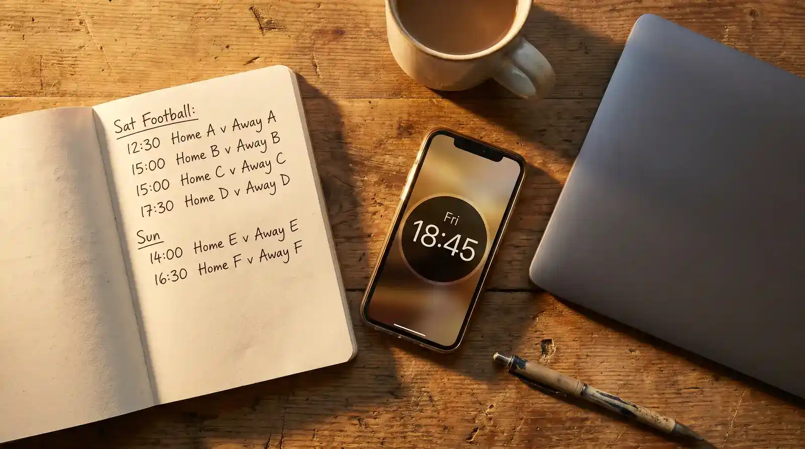 A notepad listing the upcoming Saturday three o'clock Premier League card next to a smartphone showing kick-off times