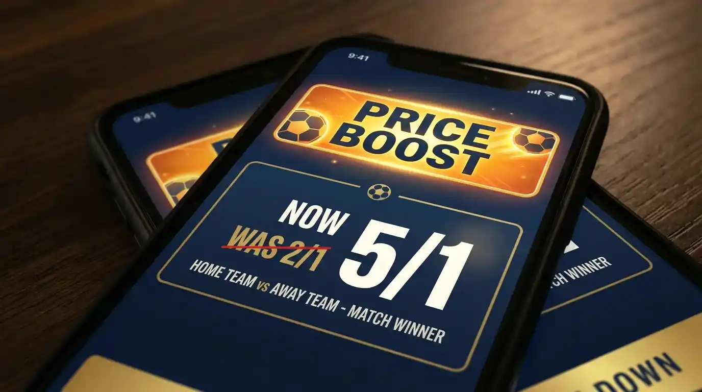 Price boost banner on a UK bookmaker app advertising an enhanced football price