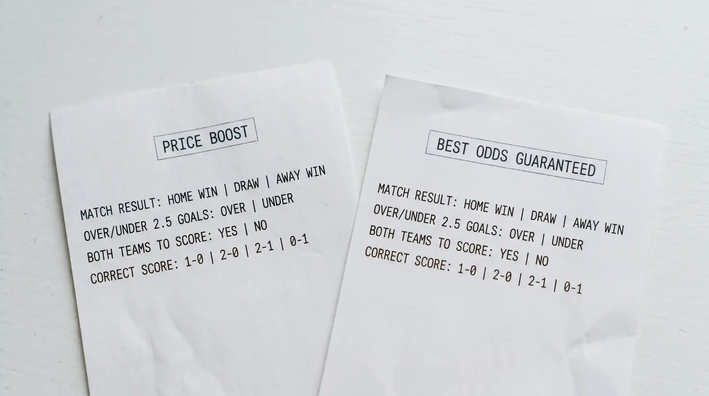 Two side-by-side betting slips one labelled price boost showing an enhanced price and one labelled BOG showing a standard price
