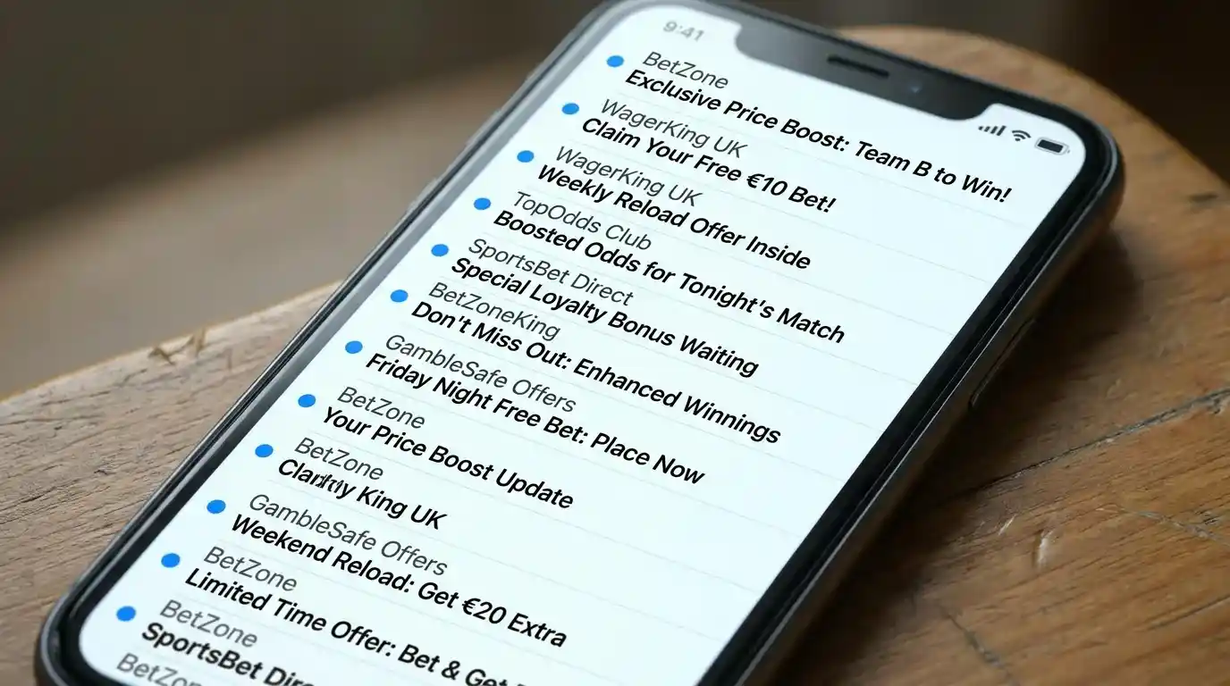 UK punter scrolling through a long list of bookmaker promotional emails on a mobile device