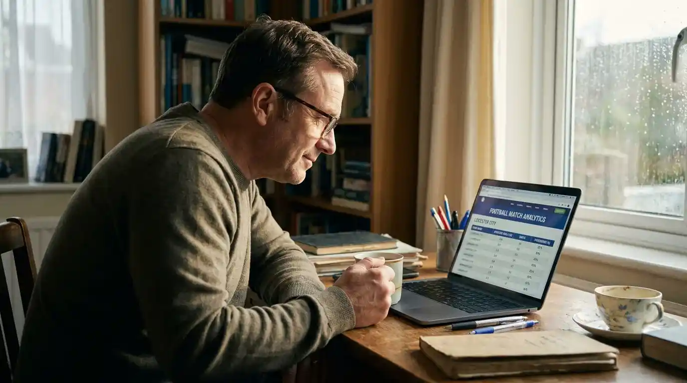 UK punter reviewing publicly available football match statistics on a laptop screen