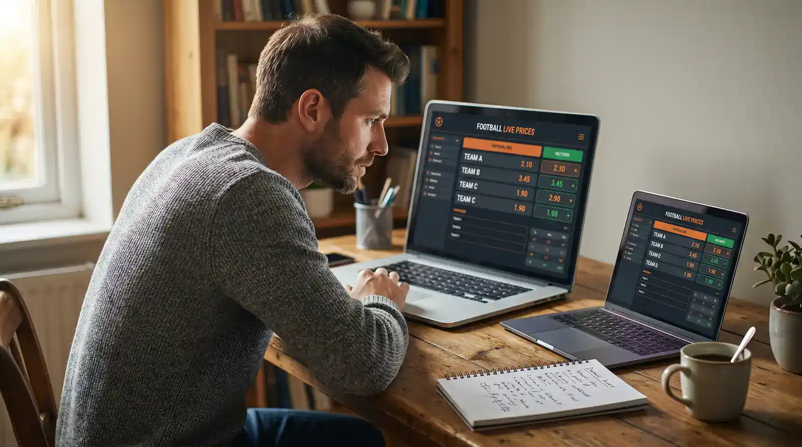 Adult punter at a desk comparing football betting odds on a laptop screen