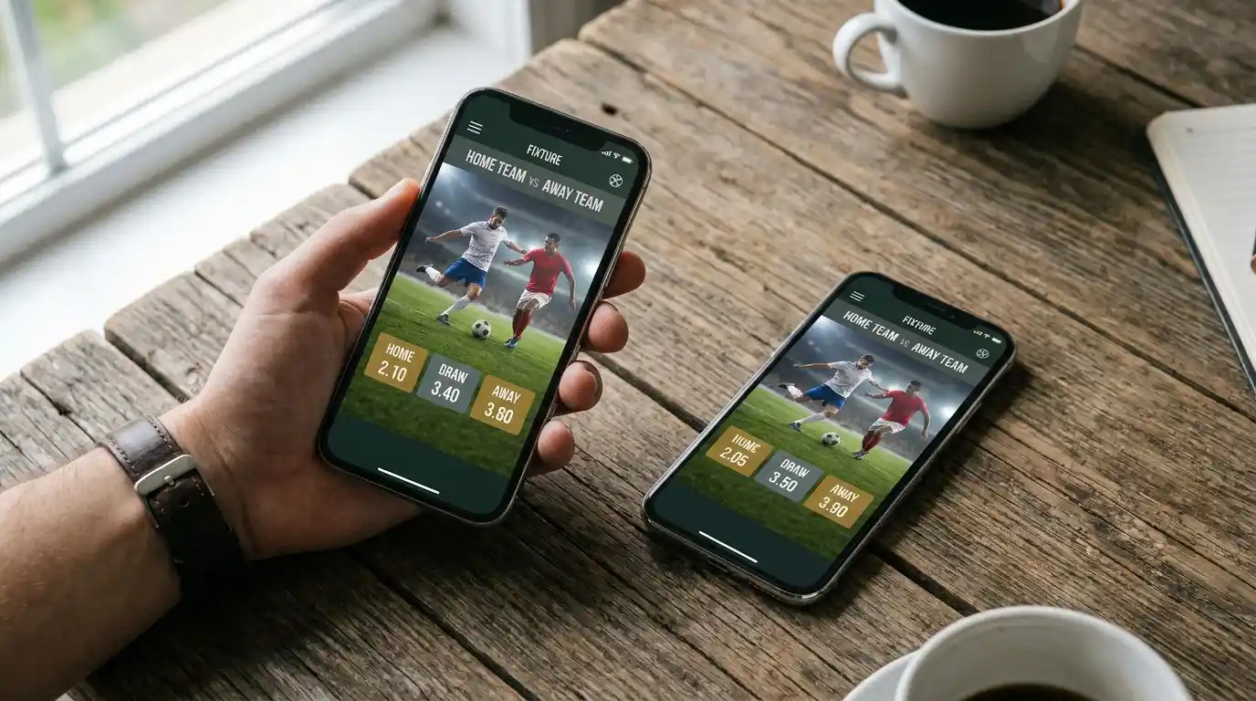 Two smartphones side by side on a desk each showing a football betting app with the same Premier League selection at different prices