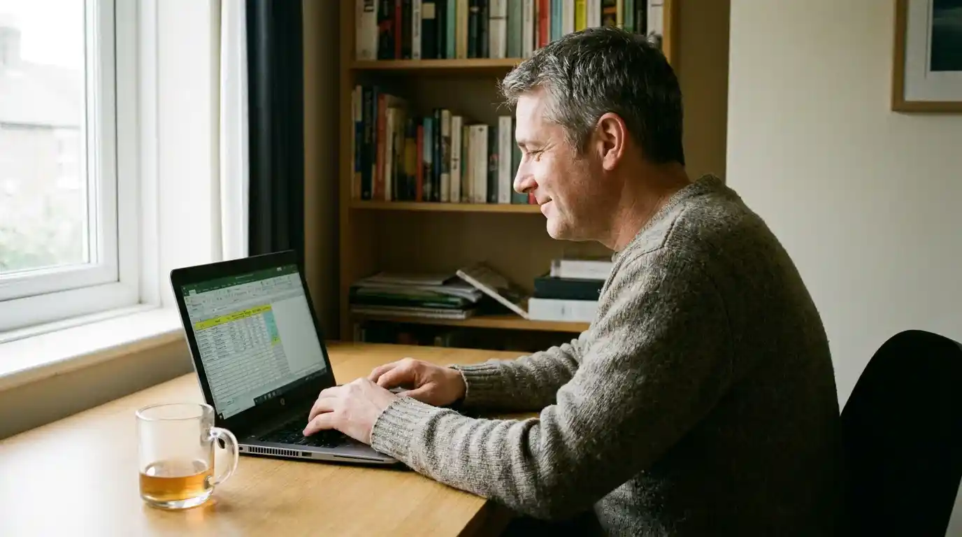 UK punter calmly reviewing a football betting record at a tidy home desk during a drawdown