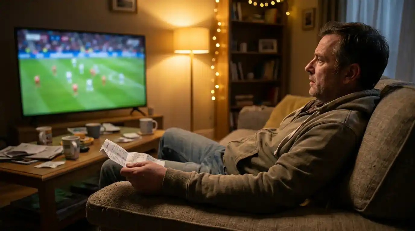 Punter slumped on a sofa watching the end of a football match on television with a folded paper slip in his hand
