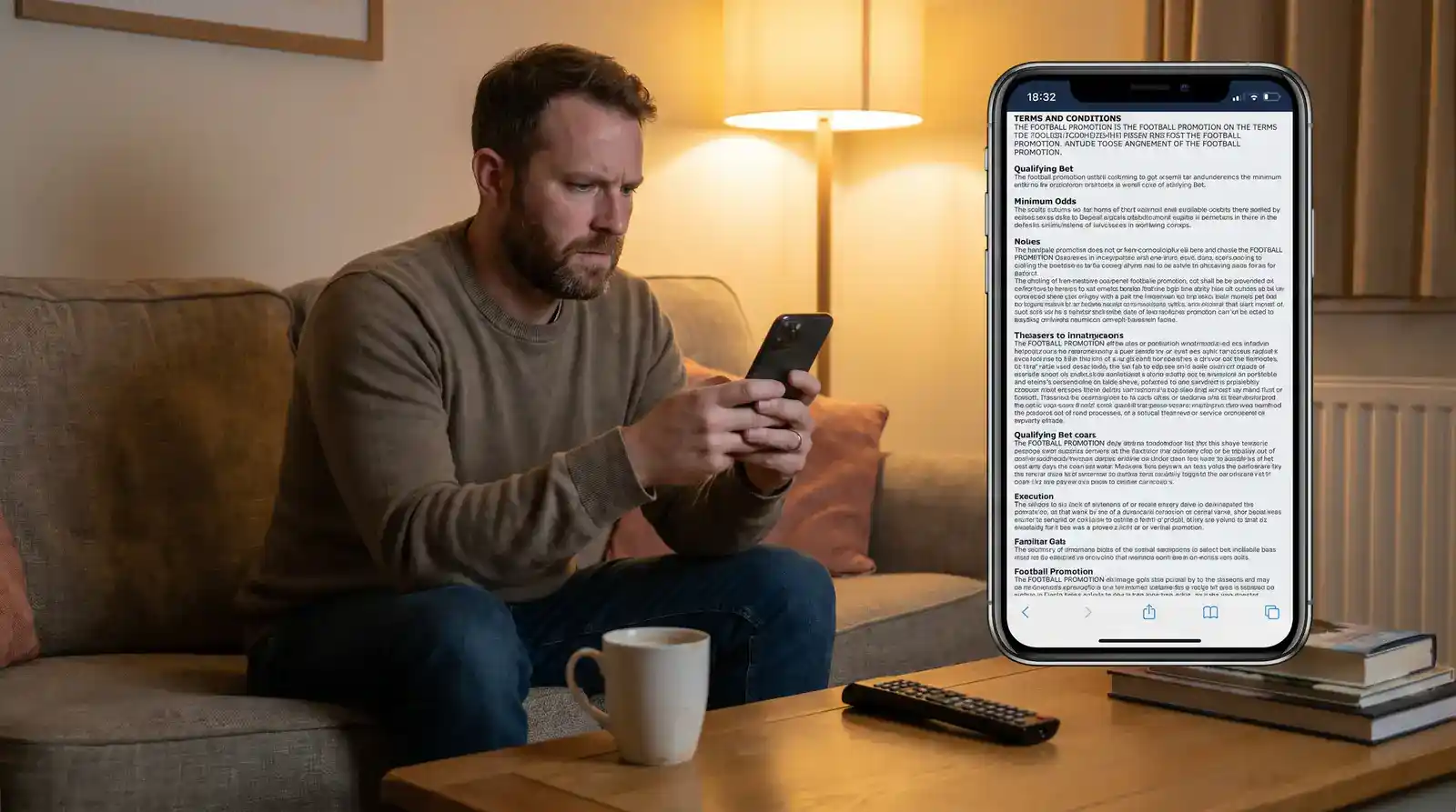 UK punter reading qualifying bet terms and conditions on a bookmaker mobile app