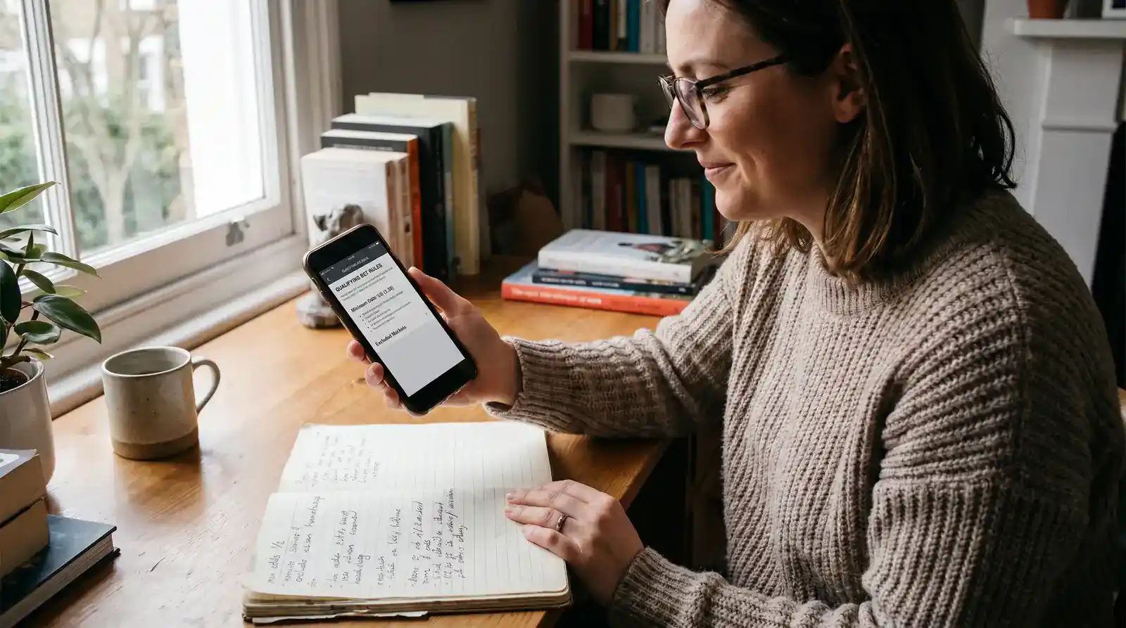 A UK punter reviewing qualifying-bet terms and minimum odds on a smartphone before placing the stake