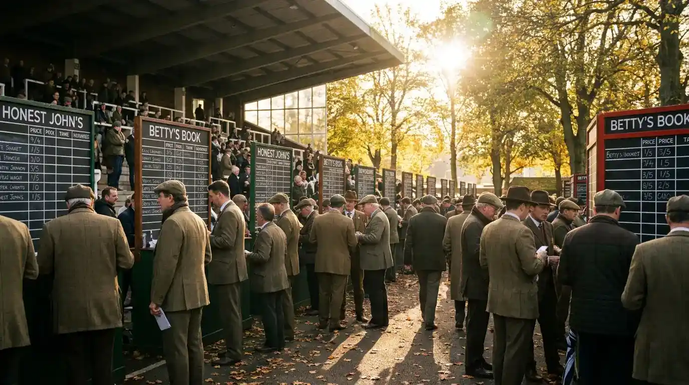 British racecourse betting ring with traditional bookmaker boards under a grandstand showing fractional prices before a race