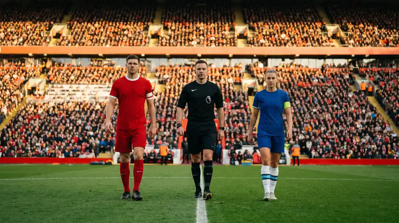 Premier League referee walking onto the pitch before kick-off with both team captains for the coin toss