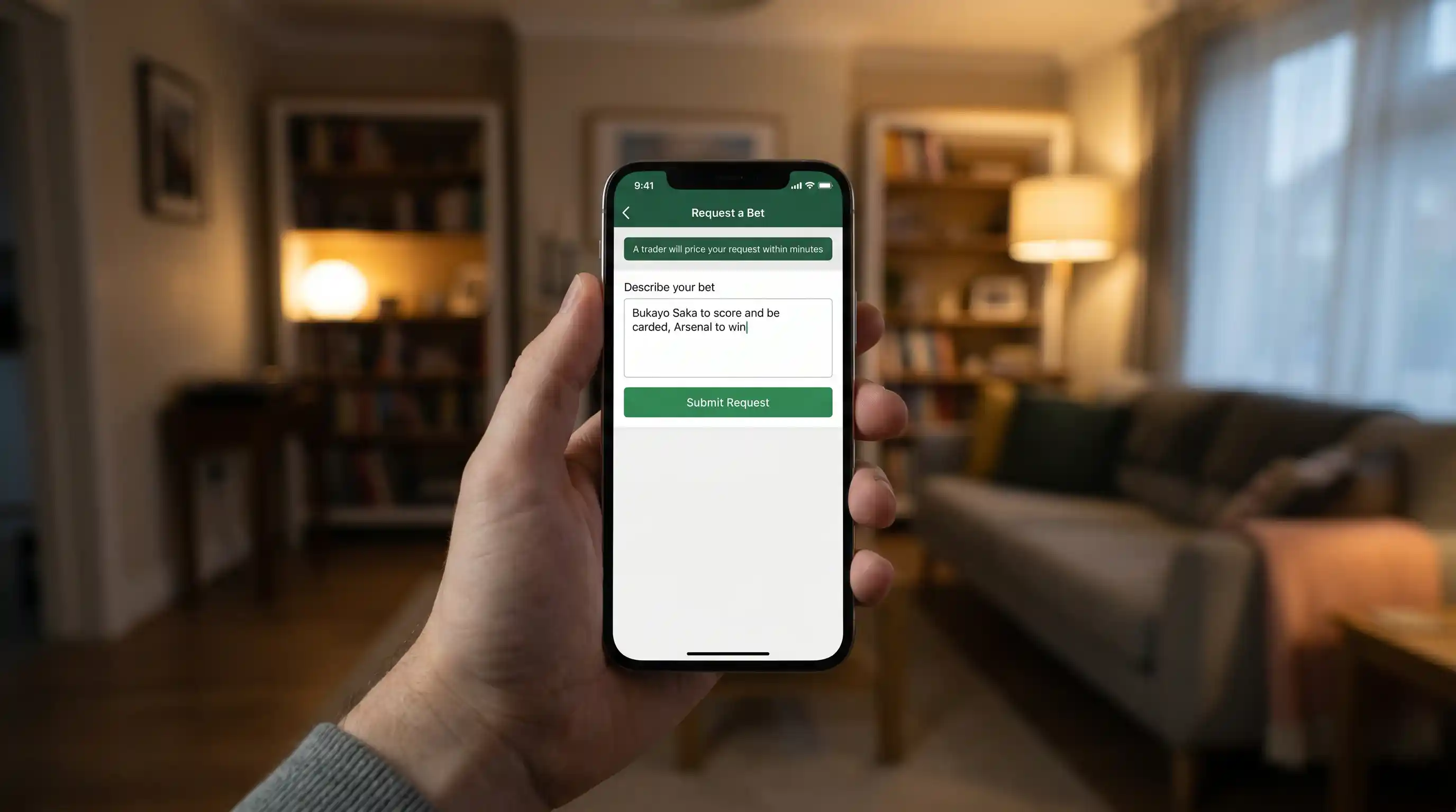 A Request a Bet ticket form open on a UK football betting app awaiting a human trader response