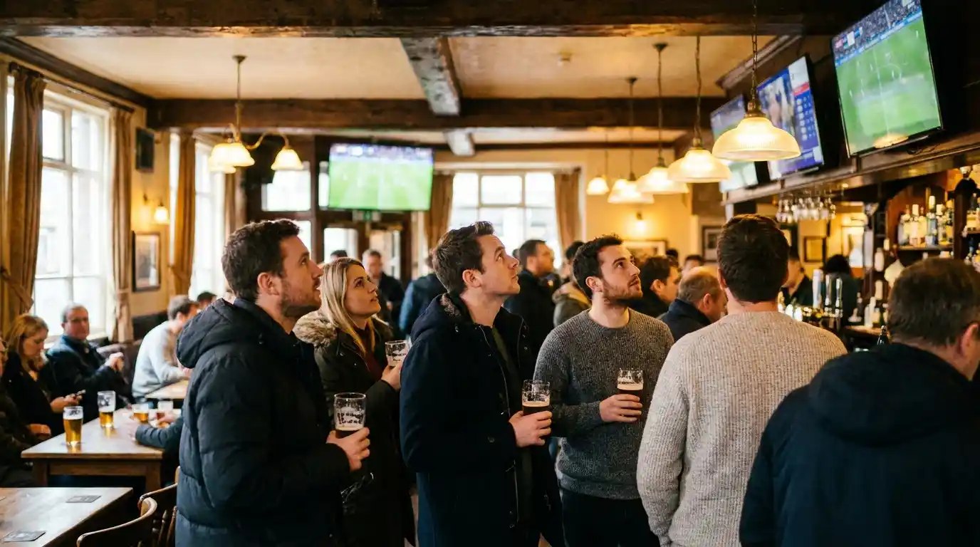 Group of friends in a British pub watching multiple Saturday afternoon Premier League matches on screens above the bar