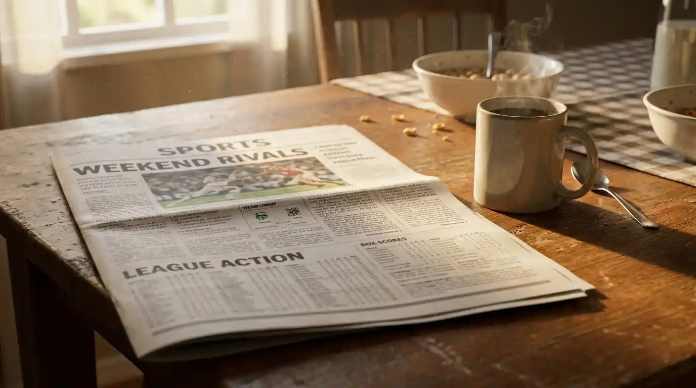 Open Saturday newspaper sports pages on a kitchen table showing Premier League fixtures and lineups with a coffee mug beside it