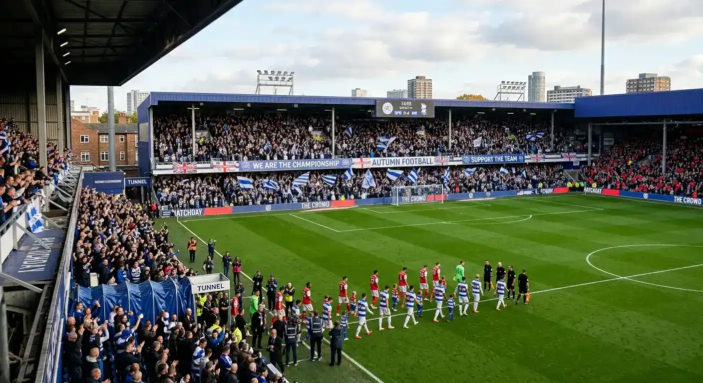 Saturday three o'clock Championship kick-off shown across a stadium with two clubs taking the field