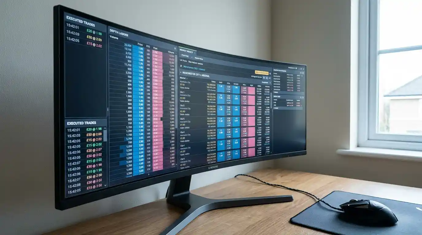 UK exchange trader executing rapid scalping trades on a Premier League weekend card