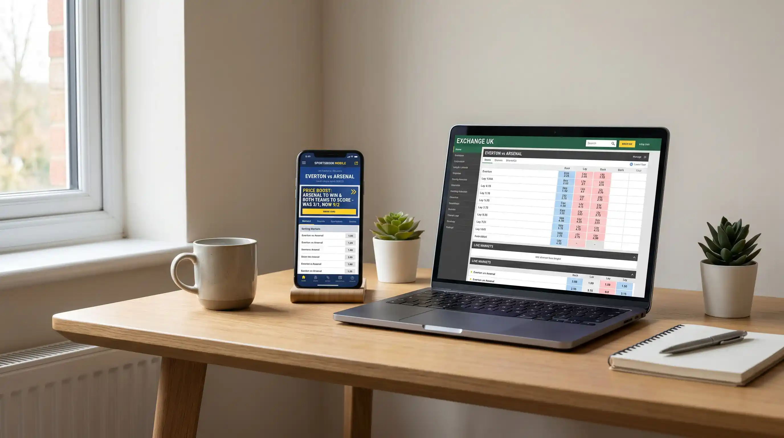 Sportsbook price boost on one screen and matching lay price on a UK exchange on a second screen