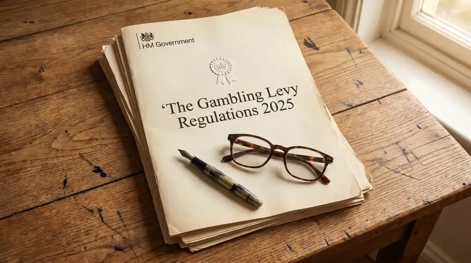 A printed copy of the 2025 statutory gambling levy regulations placed on a UK desk with a pen on top