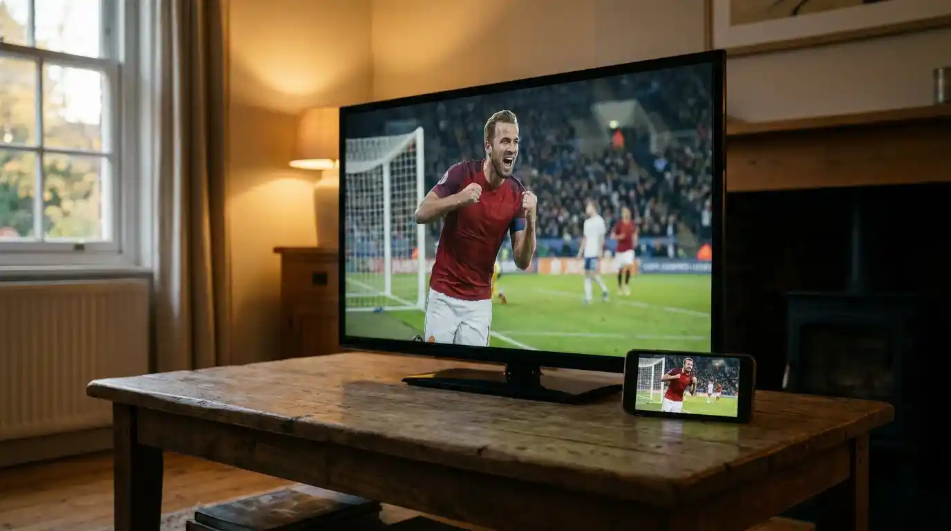 Television and smartphone side by side both showing the same live football match with a visible time gap between the two video feeds