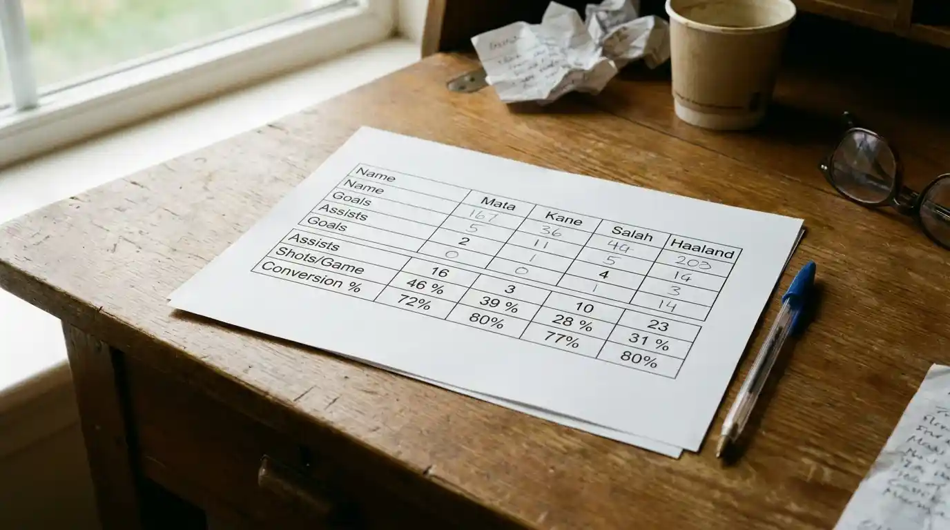 Printed sheet of striker shooting data with shots-on-target rates across recent Premier League fixtures