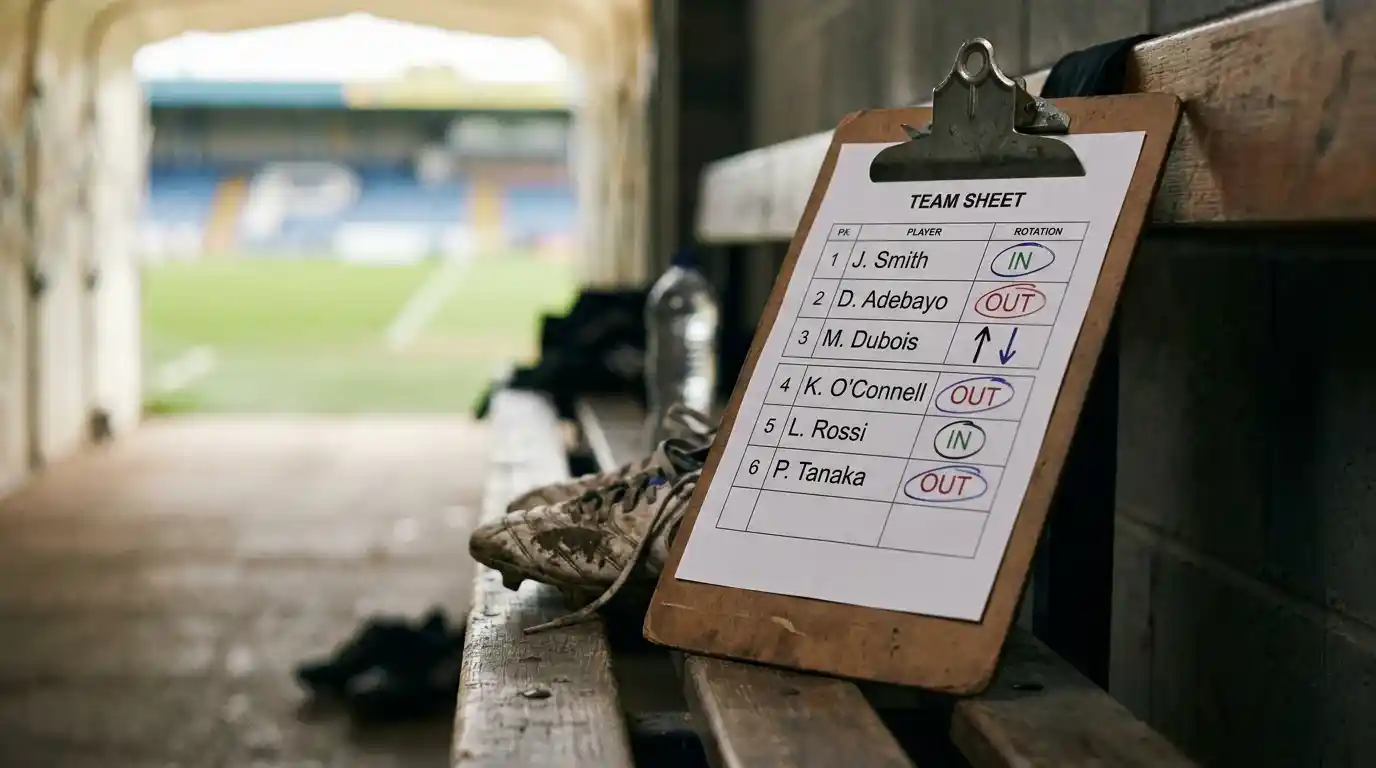 Printed team sheet on a clipboard with annotations showing six rotation changes for a Europa League fixture