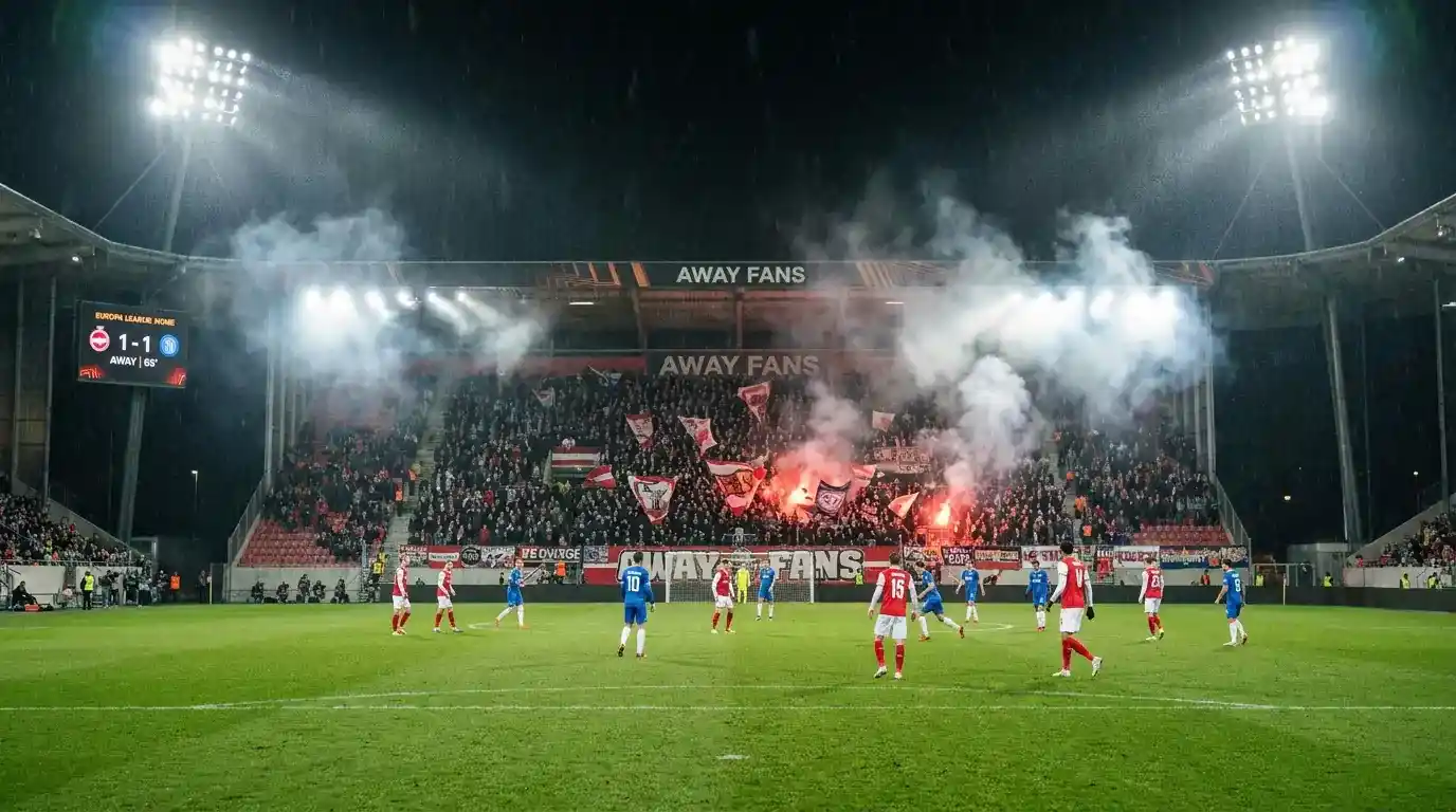 Thursday-night Europa League match at a continental stadium with full floodlights and away supporters