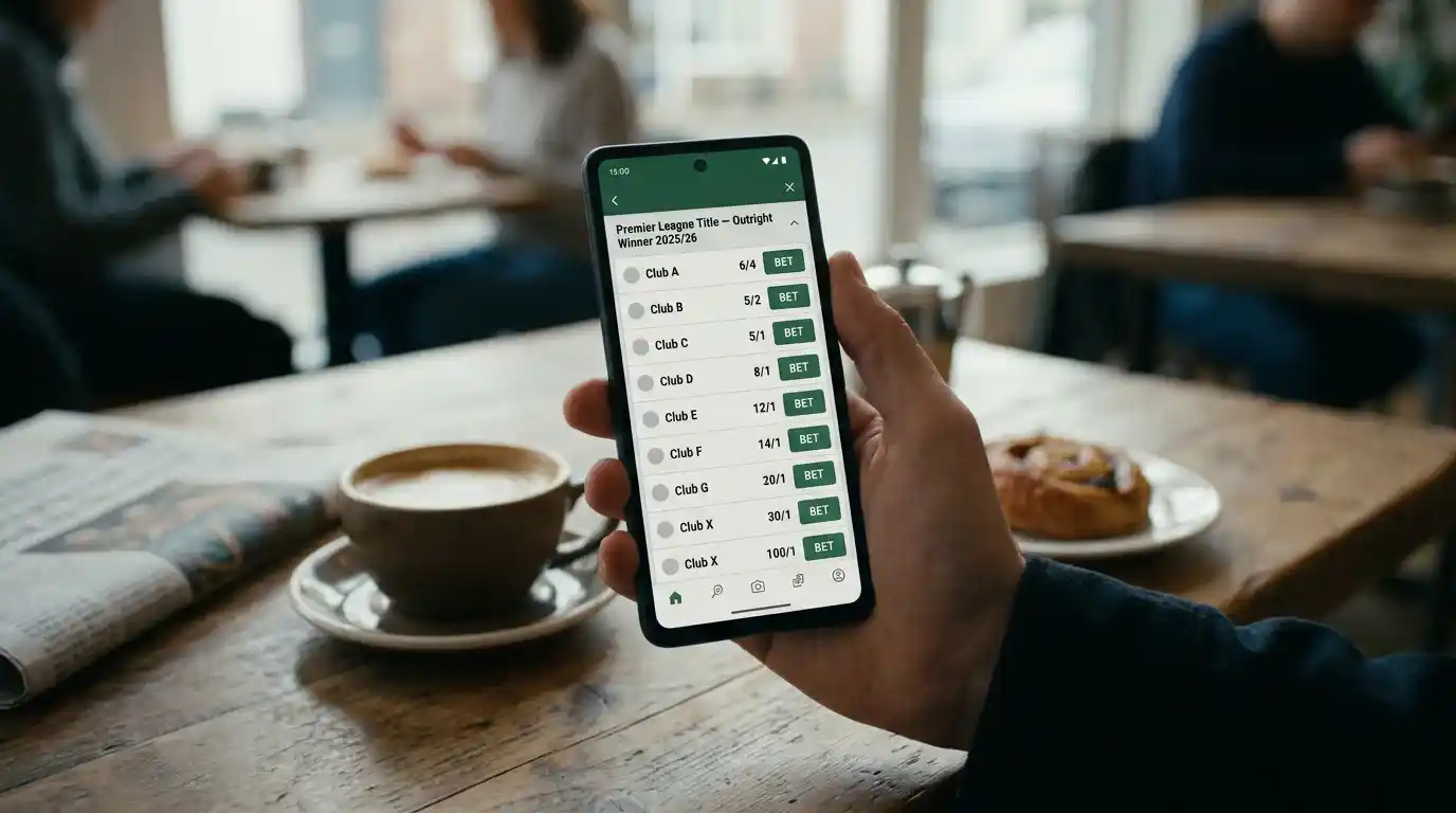 A UK punter checking Premier League title and top-four outright odds on a smartphone football betting app