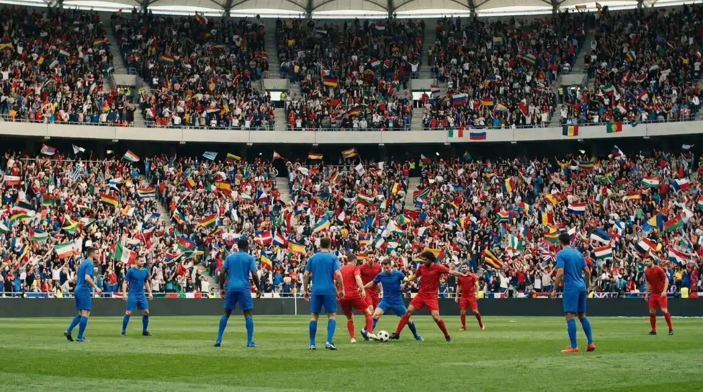 Tournament group stage match between two national football sides at a packed continental stadium