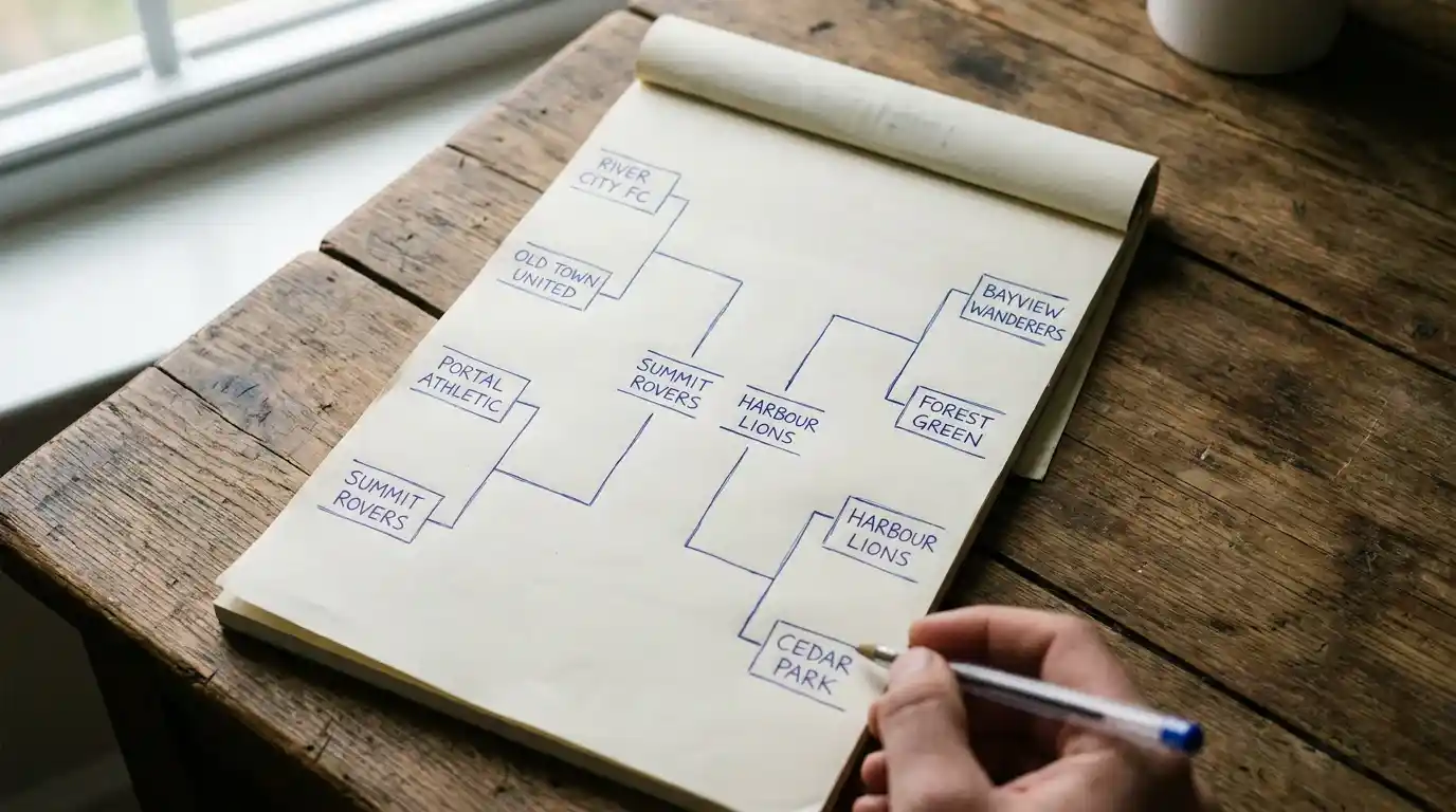Hand-sketched tournament knockout bracket on a notepad with annotations from group stage observations