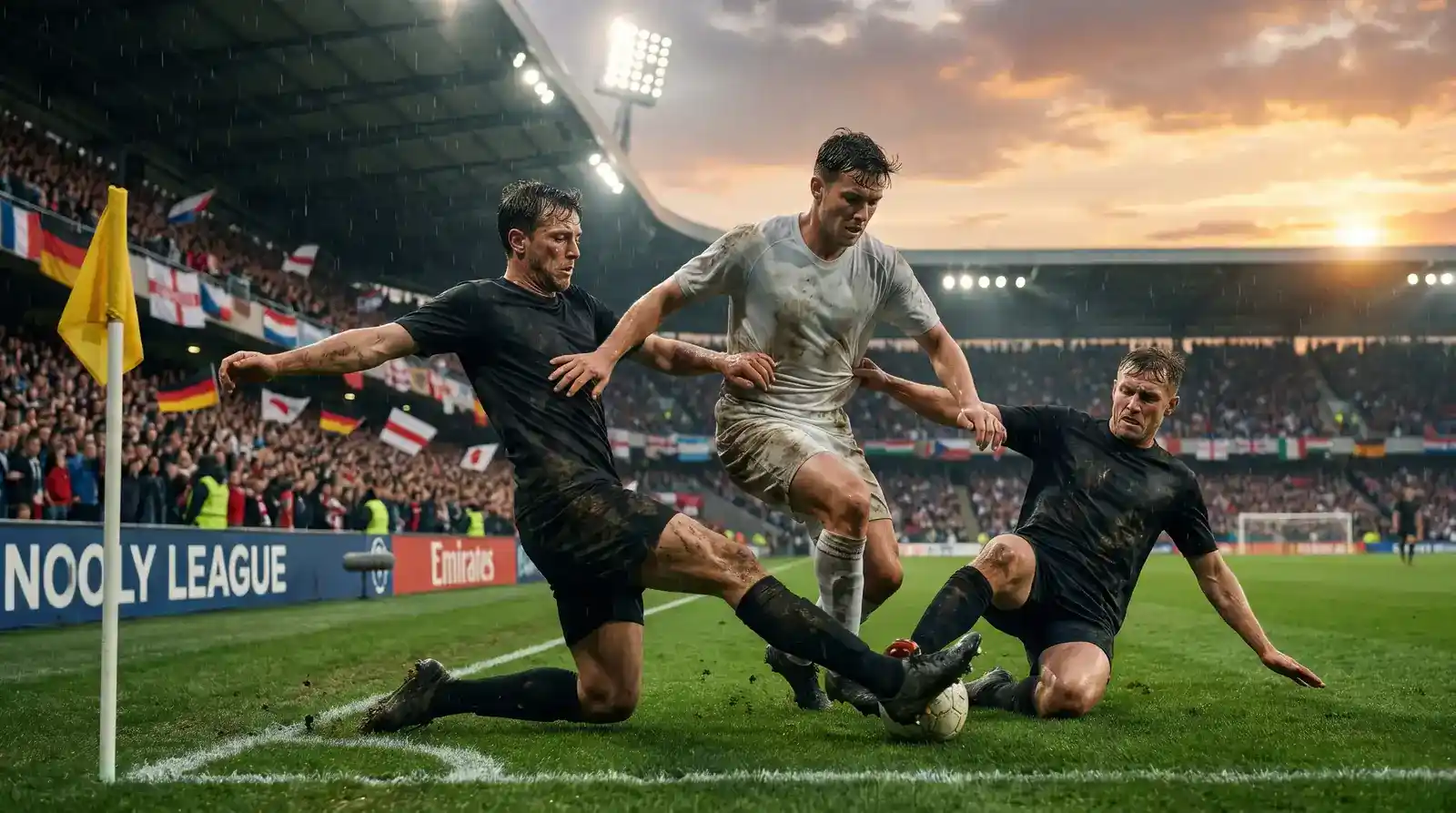 Players pressing hard in the closing minutes of a knockout tournament match with the score level