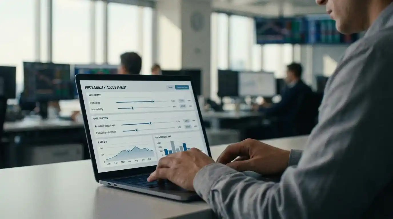 Football trader at a laptop adjusting a Premier League price model with three outcome probabilities shifting on screen