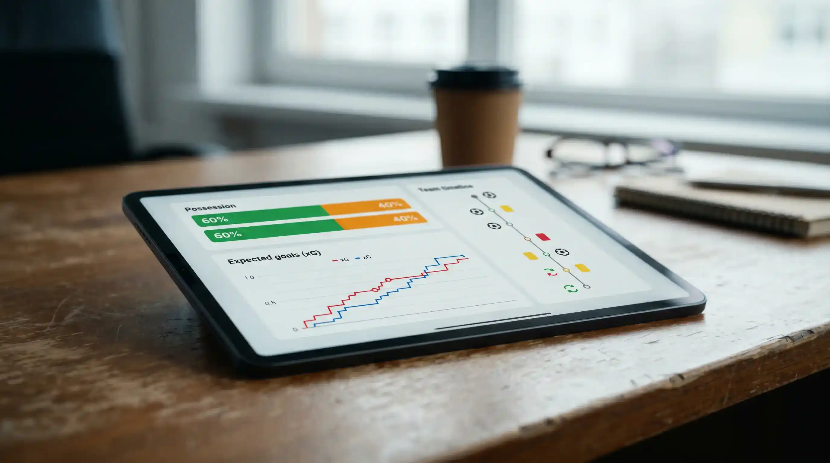 Tablet displaying a Champions League match centre with live possession bars, expected goals graph and play-by-play timeline beside the betting markets
