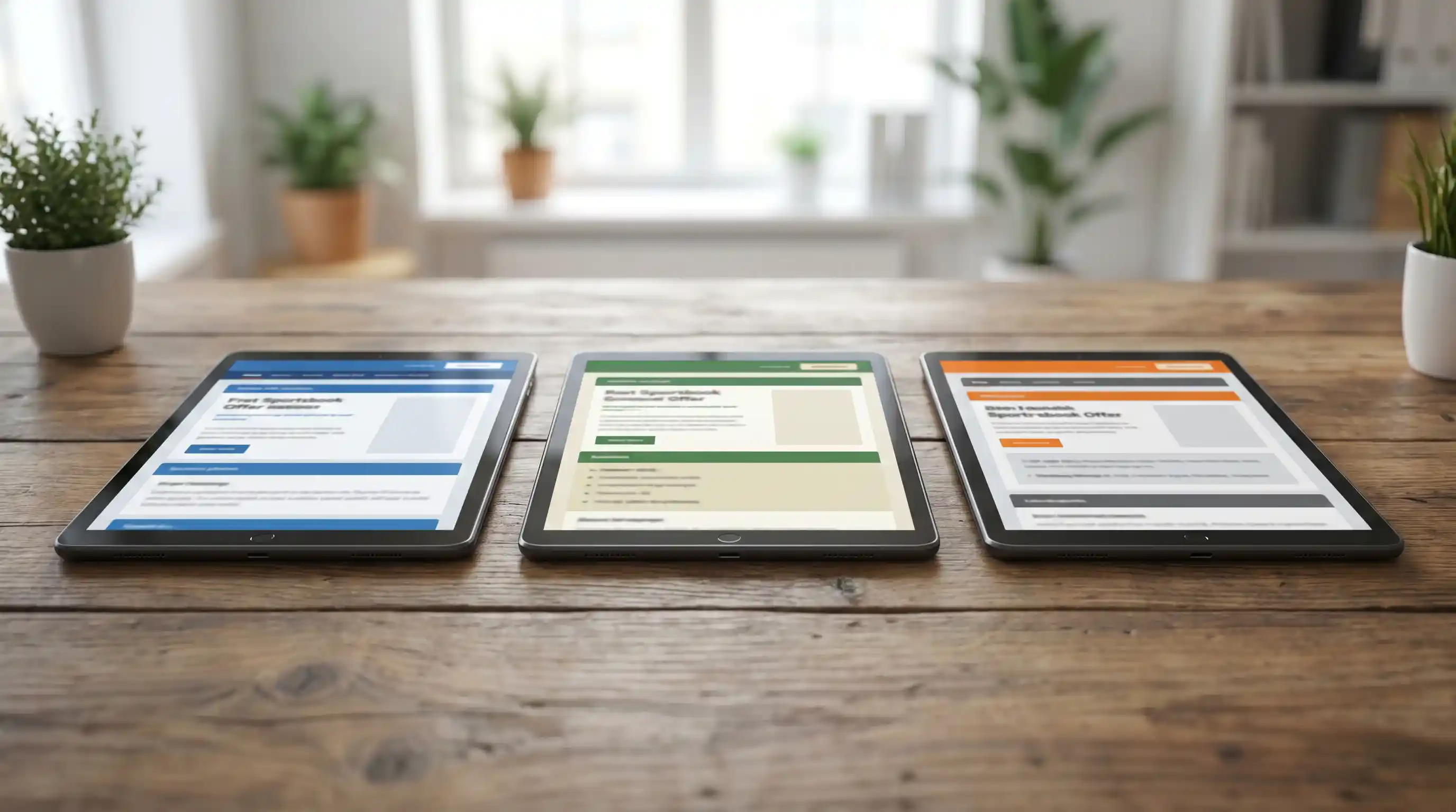 Three tablets lined up on a desk each displaying a different UK sportsbook acca insurance offer with terms visible