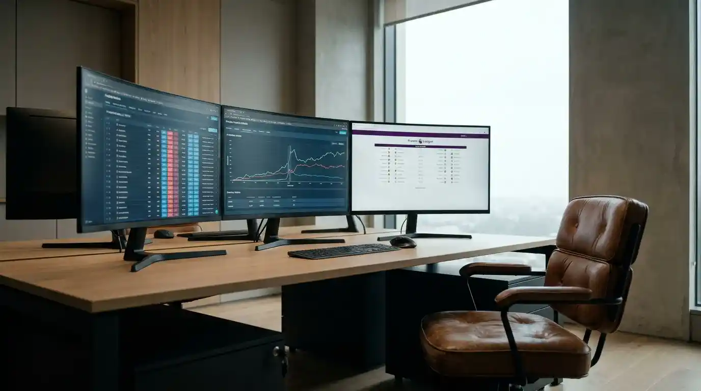 Trading desk with multiple monitors showing live Premier League odds, probability models and price movement charts at a UK bookmaker