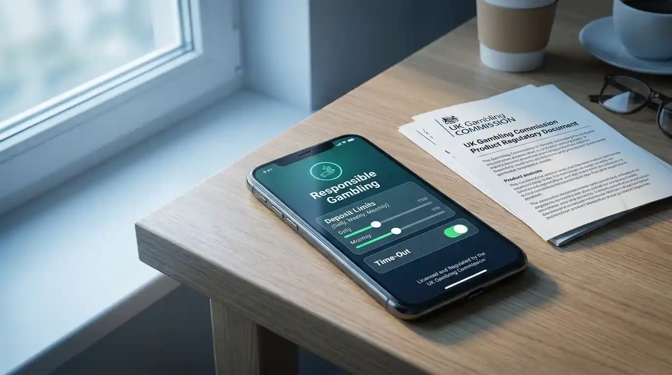 UK bookmaker app displaying responsible gambling tools, deposit limits and licensing information