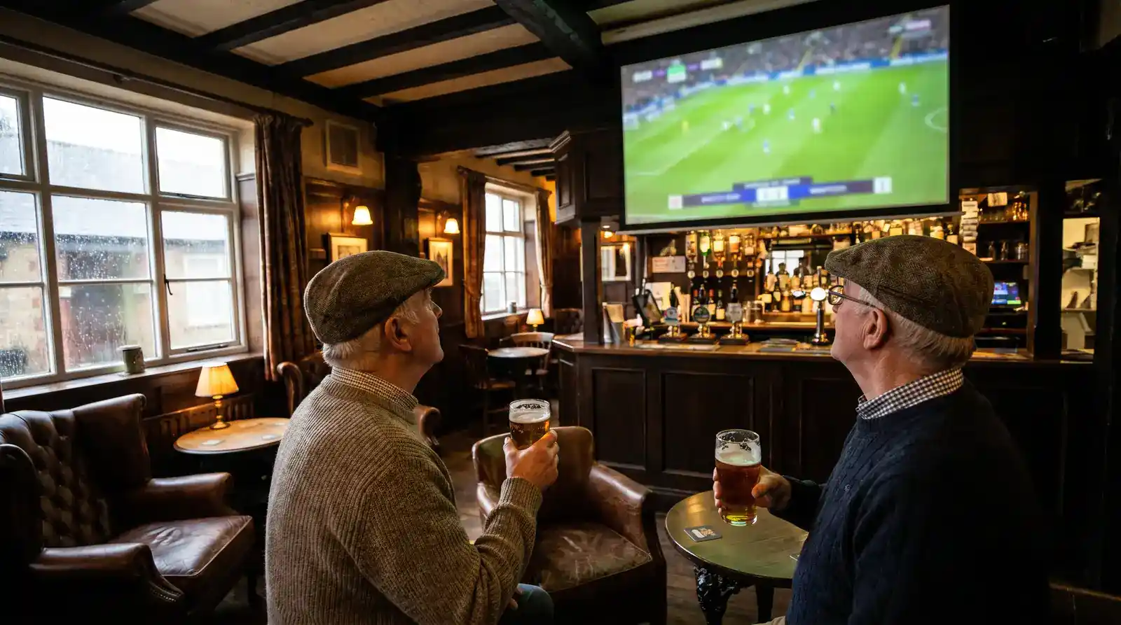 Interior of a traditional British pub on a Saturday afternoon with regulars watching a football match on a large screen above the bar