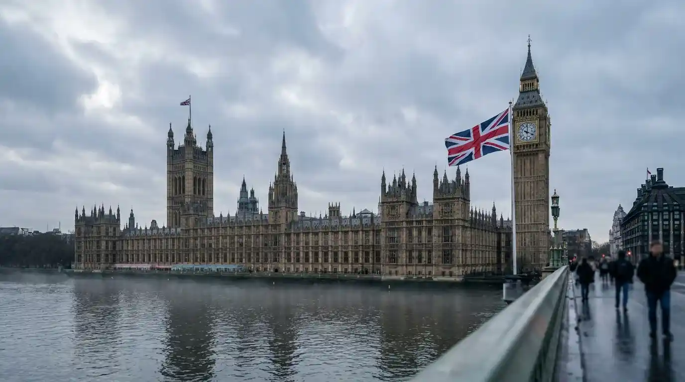 Houses of Parliament in London on a grey afternoon with the Union Jack flying