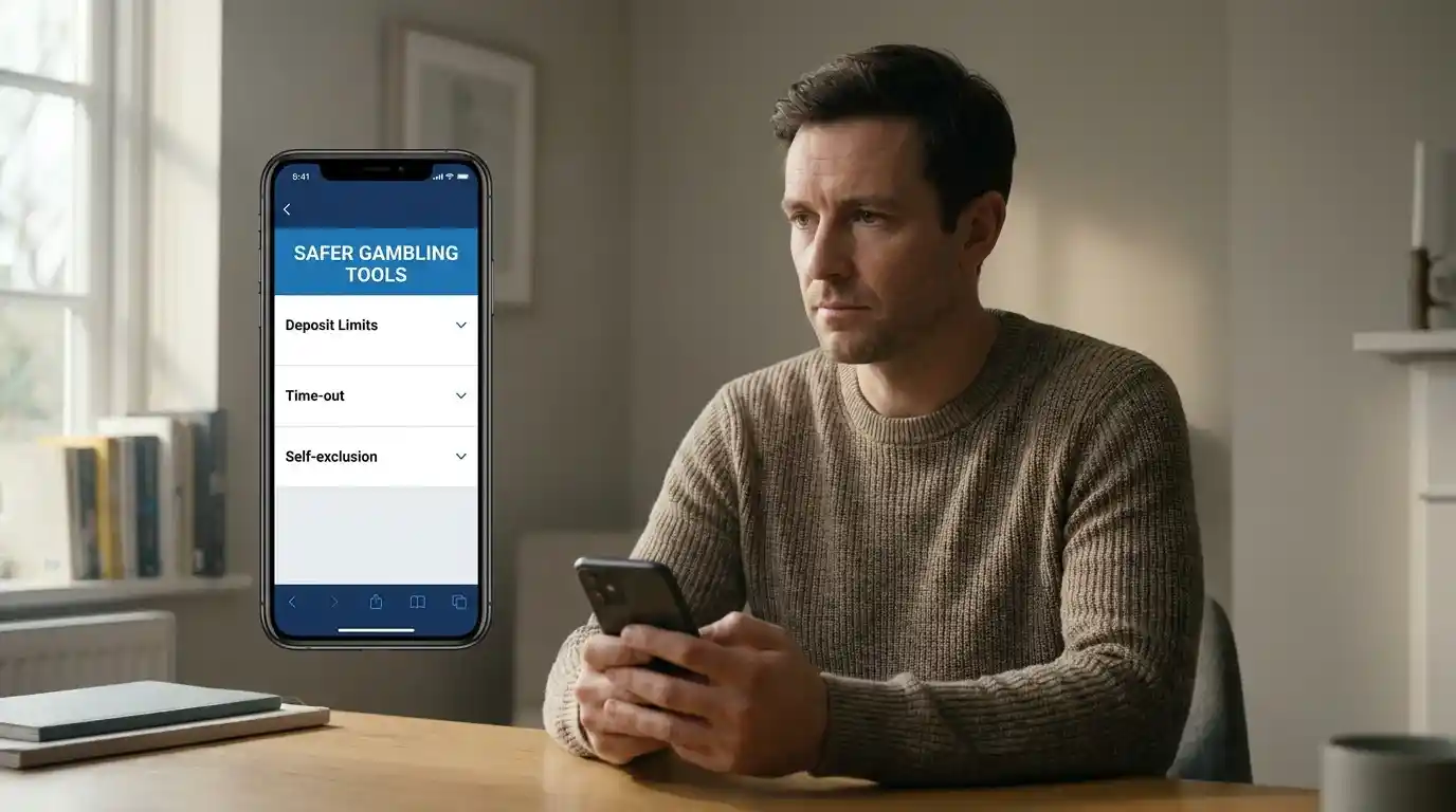 A UK punter setting a deposit limit on a UKGC-licensed football betting app with safer-gambling tools visible