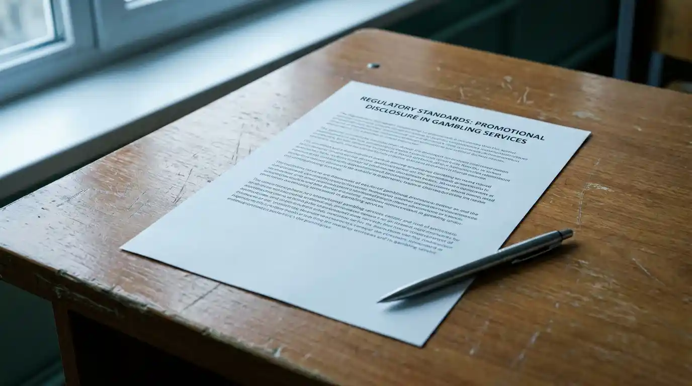 Printed document outlining UK Gambling Commission promotional disclosure standards on a desk