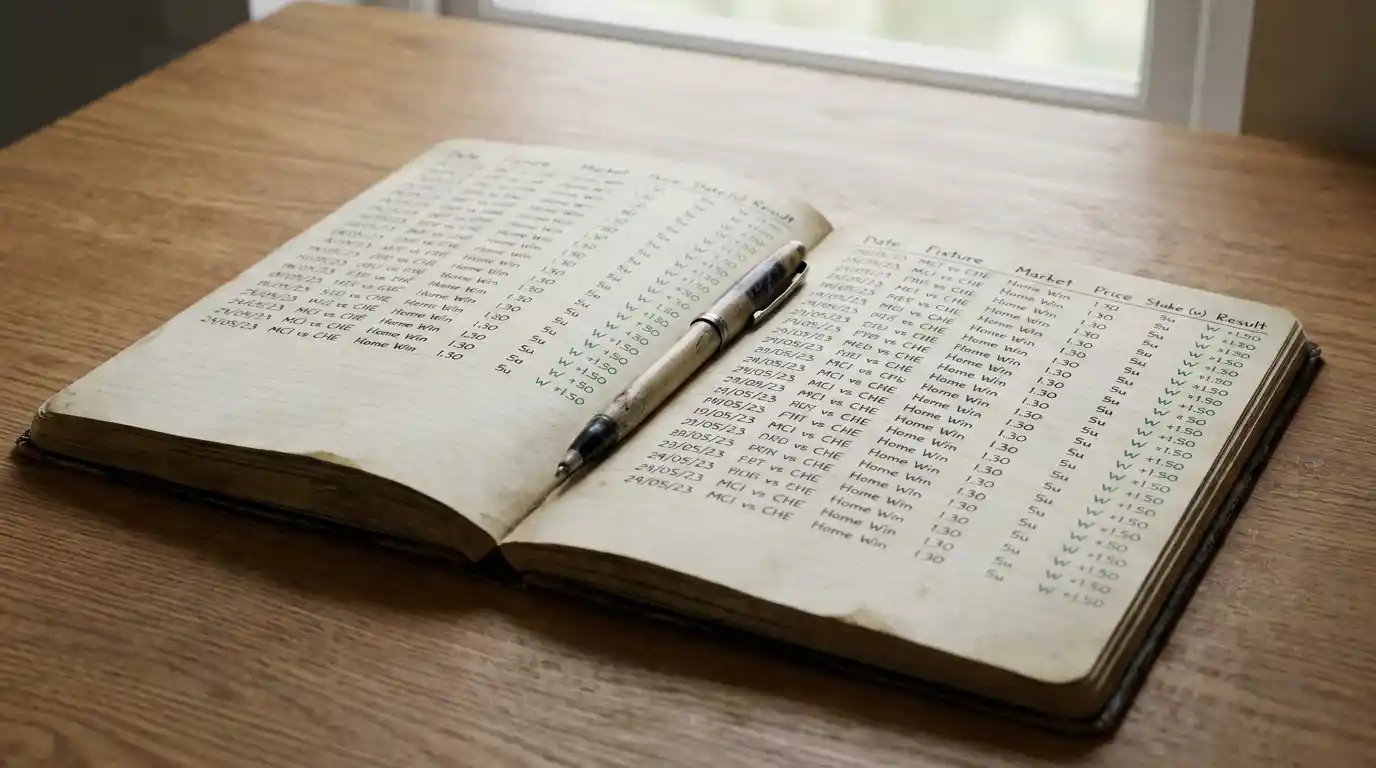Football betting log book showing each wager recorded in units with date, fixture and result