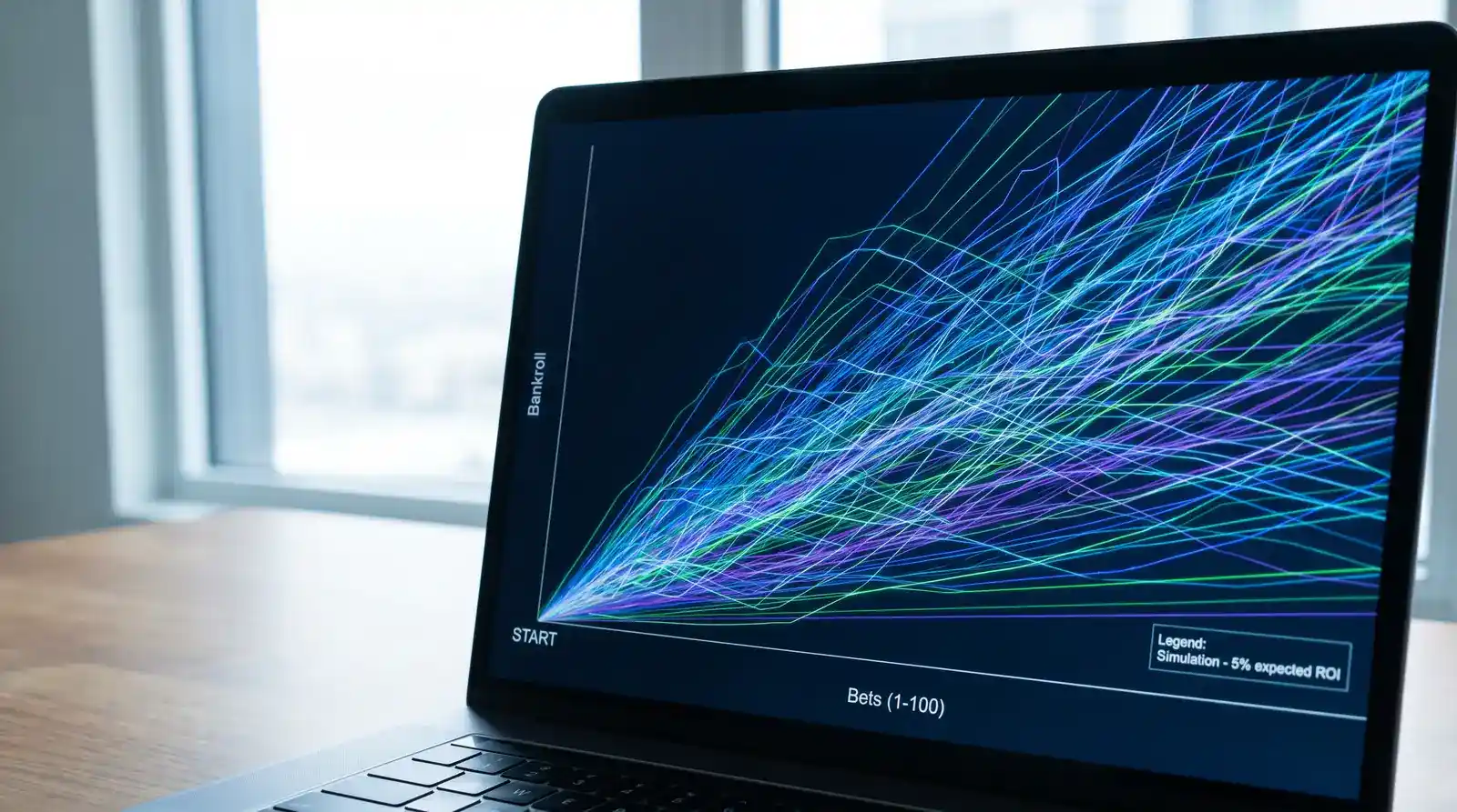 Monte Carlo variance simulation chart on a laptop screen for a 100-bet football betting sample