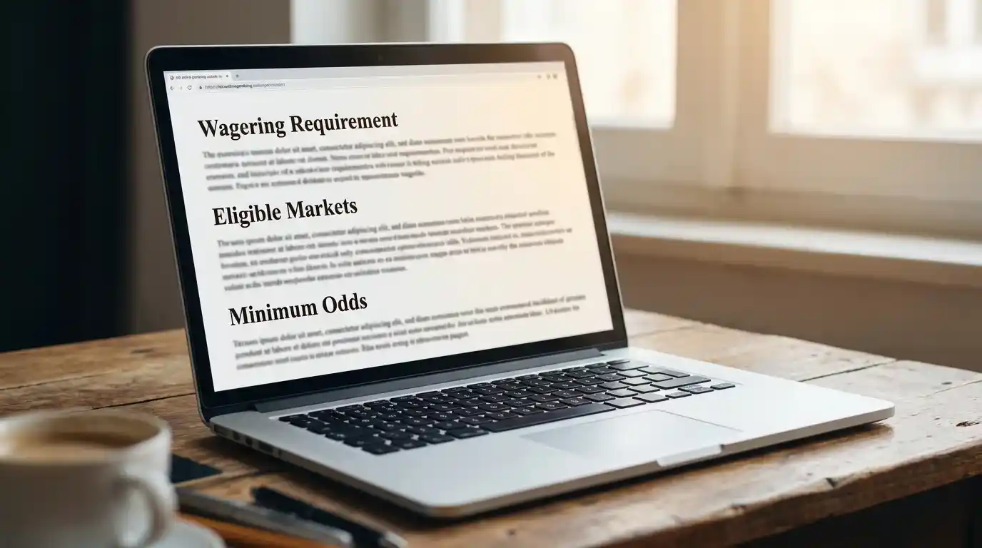 UK bookmaker promotional terms and conditions page opened on a laptop screen