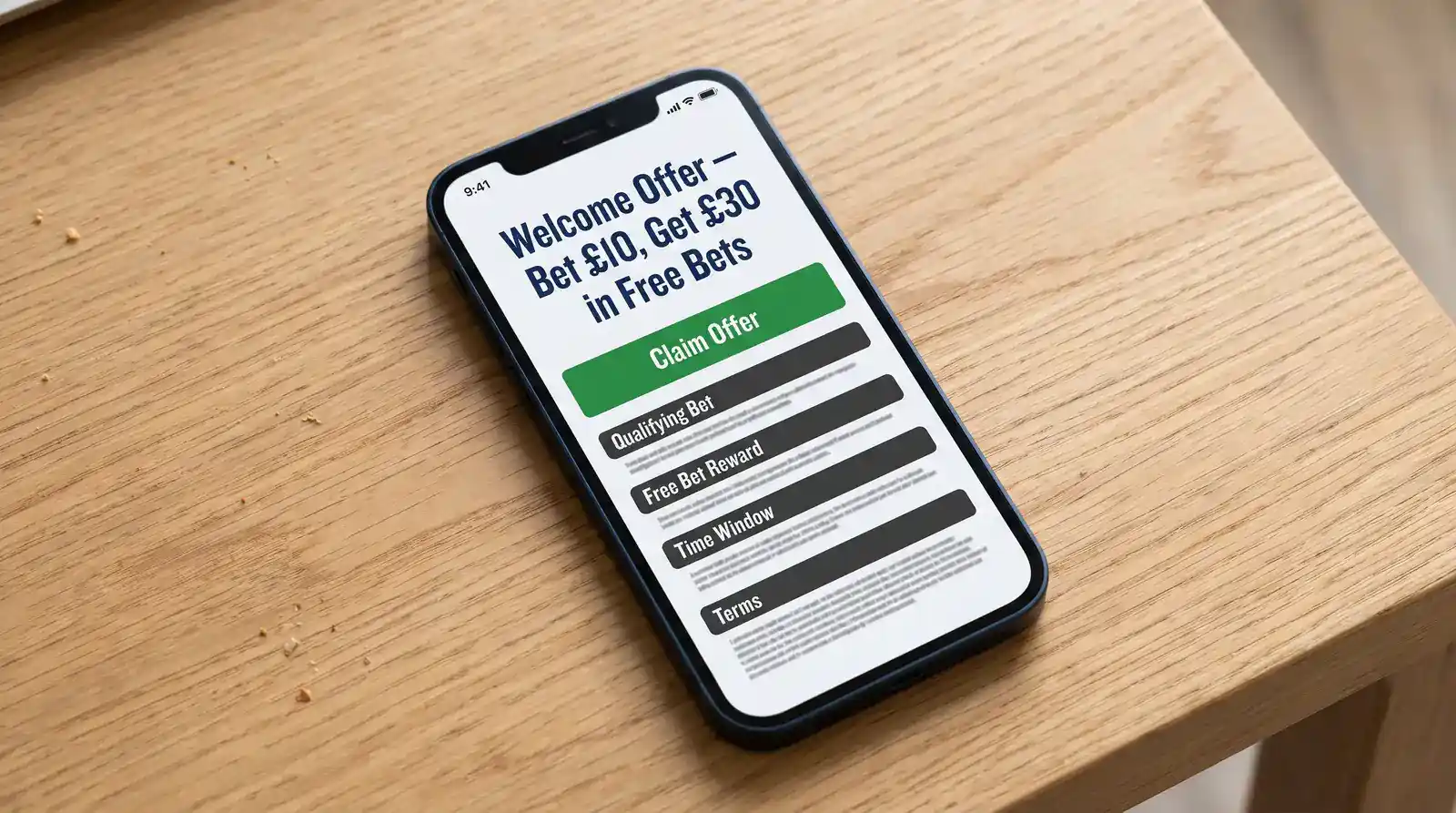 A UK football welcome offer displayed on a bookmaker mobile app with the terms expanded