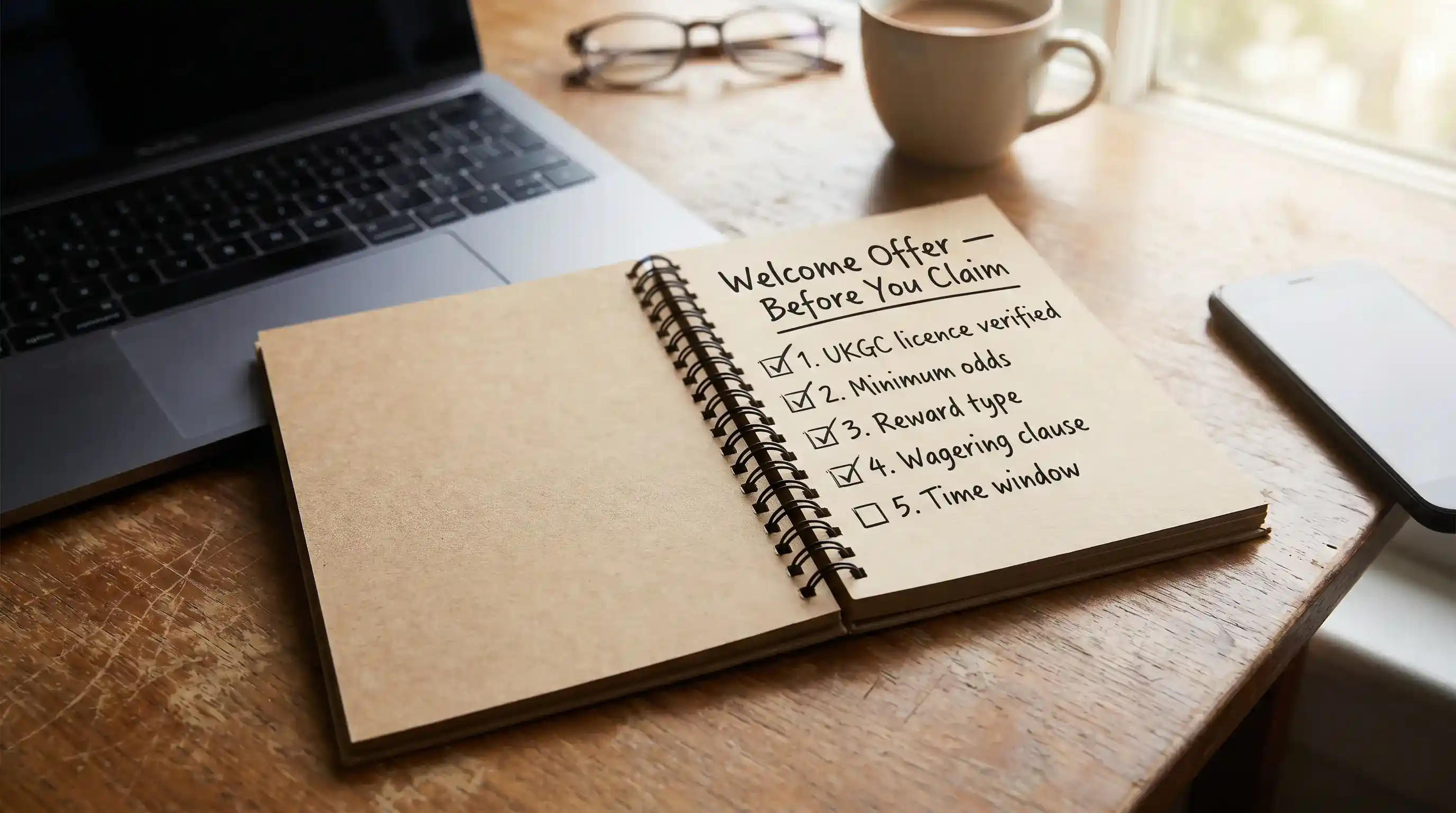 A UK punter working through a printed welcome-offer checklist before claiming a football bonus
