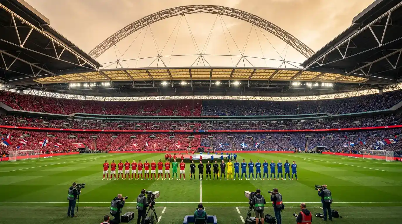 FA Cup final at Wembley Stadium with both finalists lining up before kick-off in front of a full crowd