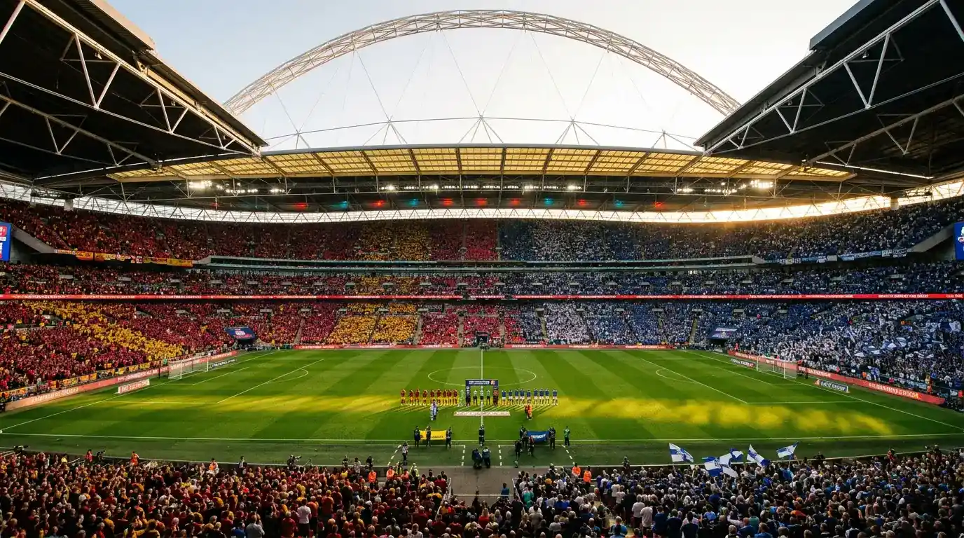Wembley Stadium during a Championship play-off final with both sets of supporters filling the stands