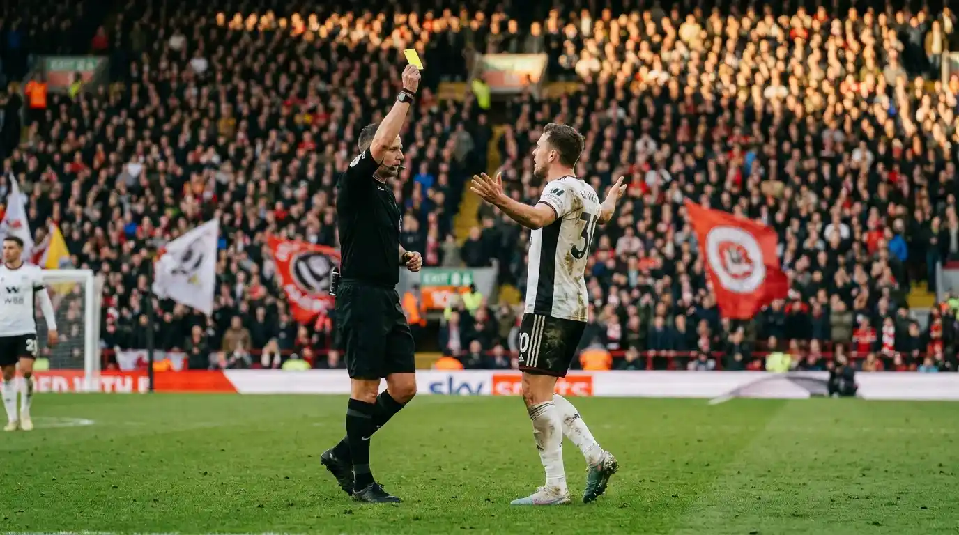 Premier League referee showing a yellow card to a central midfielder after a tactical foul in midfield